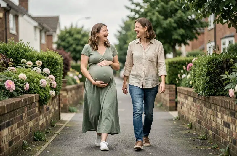 Femme enceinte se promenant avec une amie dans un quartier résidentiel verdoyant, toutes deux souriantes