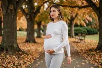 Femme enceinte marchant dans un parc en automne, les mains sur le ventre, entourée de feuilles dorées
