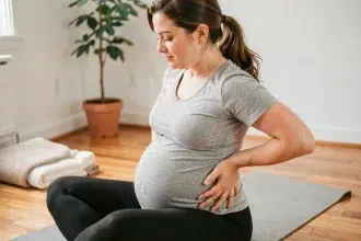 Femme enceinte soulagent ses maux de dos en position assise sur un tapis de yoga dans un salon chaleureux