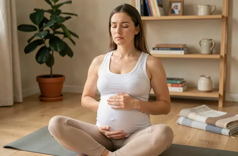 Femme enceinte en position de méditation sur un tapis de yoga à la maison, illustrant les techniques de gestion du stress pour protéger le développement du fœtus