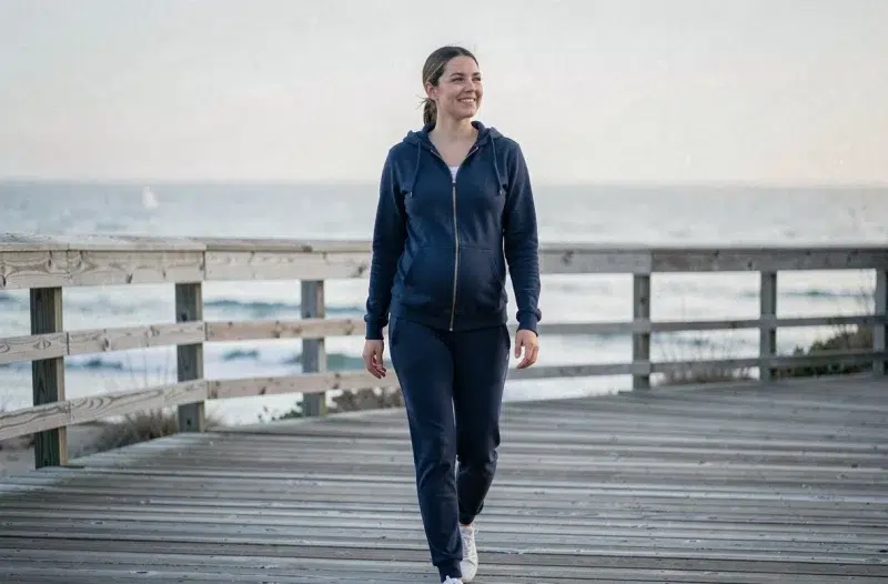 Femme enceinte qui se promène sur une promenade en bord de mer avec vue sur l'océan
