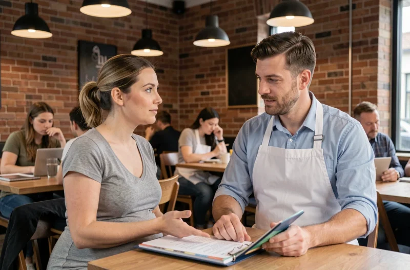 Femme enceinte posant des questions au serveur dans un restaurant avant de commander des moules