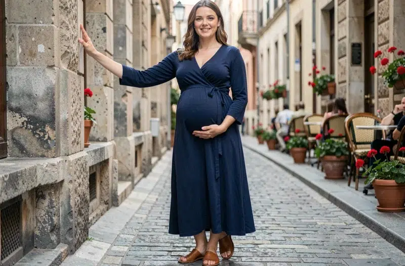 Femme enceinte en robe maternité fluide marchant dans une rue pavée européenne