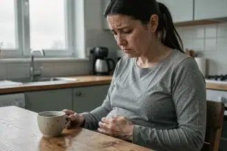 Femme enceinte stressée assise à la table de cuisine, mains sur le ventre, illustrant l'impact du stress pendant la grossesse sur le développement fœtal
