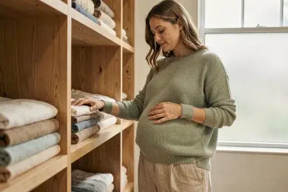 Femme enceinte choisissant des vêtements confortables dans une boutique maternité minimaliste
