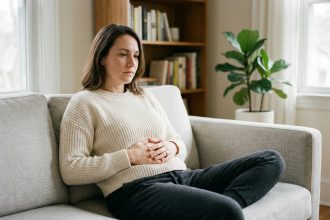 Femme assise sur un canapé tenant son ventre avec une expression d'inconfort léger, illustrant les maux de ventre répétés