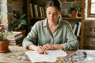 Femme calculant sa pierre de vie avec des tableaux de numérologie et des cristaux sur un bureau en bois rustique