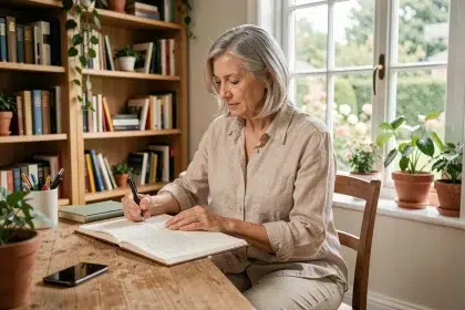 Femme de 60 ans planifiant sa retraite dans un bureau à domicile chaleureux avec un journal et des plantes vertes