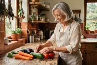 Femme de 65 ans préparant des légumes colorés dans une cuisine chaleureuse pour une alimentation variée et équilibrée