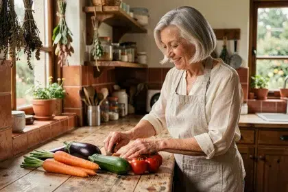 Femme de 65 ans préparant des légumes colorés dans une cuisine chaleureuse pour une alimentation variée et équilibrée
