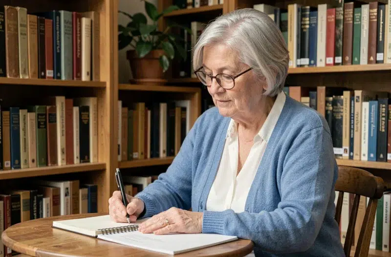 Femme senior concentrée qui écrit dans un carnet lors d'un exercice de mémoire dans une bibliothèque