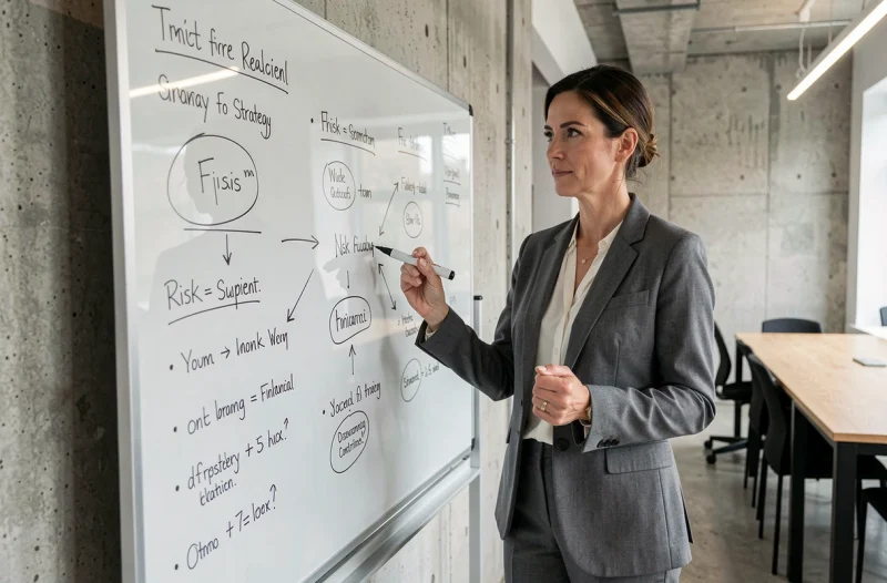 Femme professionnelle devant un tableau de stratégie financière dans un espace de co-working, symbolisant l'évaluation des erreurs et des risques liés à une méthode d'investissement