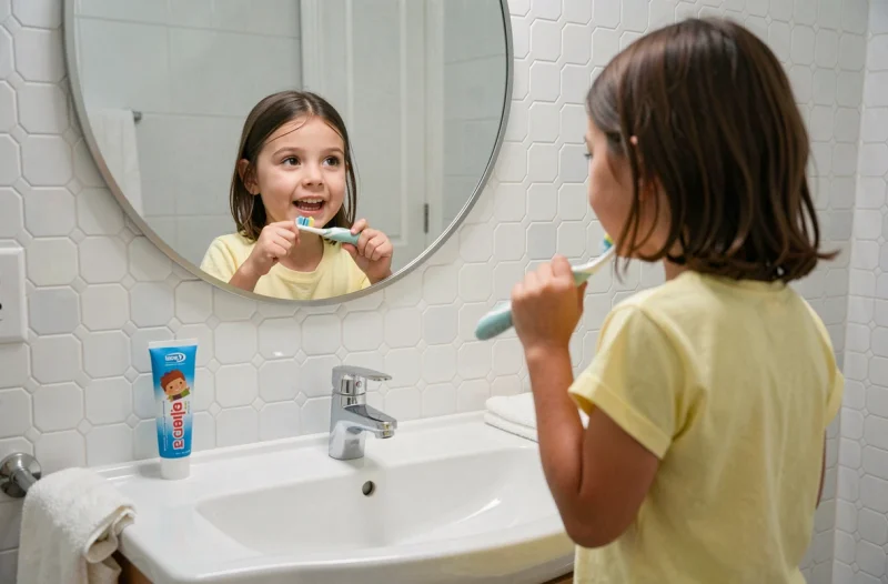 Une fillette qui se brosse les dents devant le miroir et observe leur jaunissement