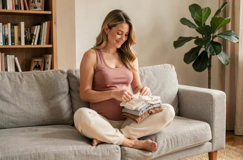 Future maman souriante qui plie des vêtements de maternité confortables dans son salon