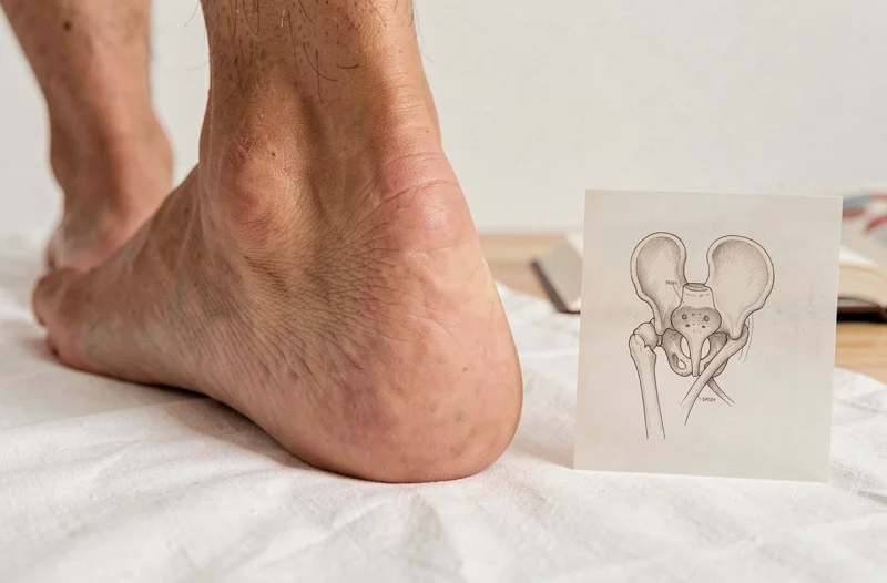 Gros plan sur le talon d'un pied adulte avec schéma anatomique de l'éperon calcanéen postérieur