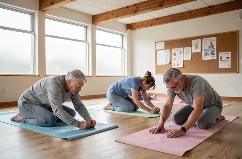Groupe de retraités participant à un cours de yoga doux dans une salle communautaire pour apprendre à gérer le stress