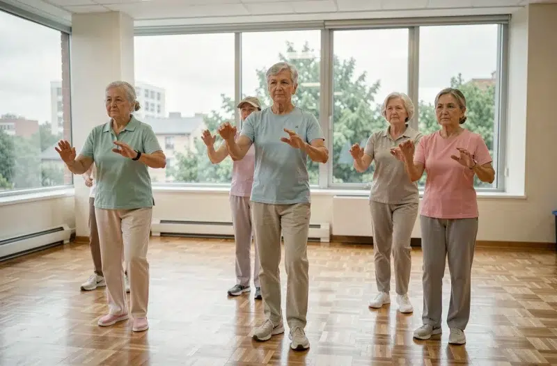 Groupe de seniors pratiquant le tai chi en salle lors d'un cours collectif pour améliorer leur souplesse et leur mobilité