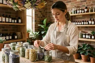 Herboriste moderne triant des plantes médicinales séchées dans des bocaux en verre dans une boutique contemporaine