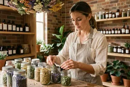 Herboriste moderne triant des plantes médicinales séchées dans des bocaux en verre dans une boutique contemporaine