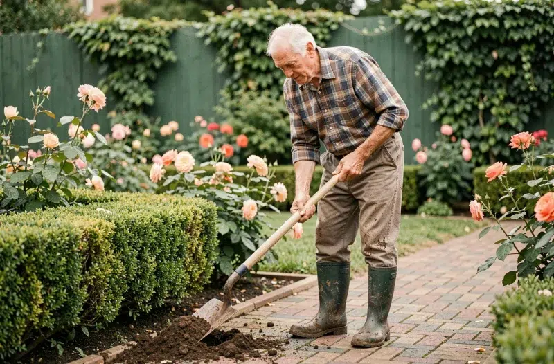 Homme âgé de 80 ans travaillant la terre au jardin, activité favorable à la motricité et à l'équilibre après 70 ans