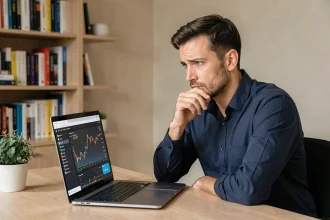 Homme concentré analysant des données financières sur un ordinateur portable dans un bureau à domicile, illustrant la vigilance face aux risques d'une méthode d'investissement
