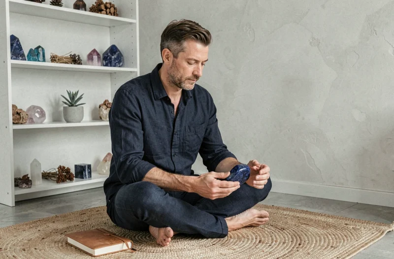 Homme tenant une pierre de lapis-lazuli poli lors d'une séance de réflexion sur son chemin de vie en intérieur minimaliste