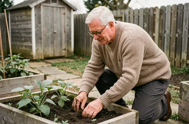 Homme retraité cultivant son potager dans un jardin paisible, illustrant un mode de vie épanoui à la retraite