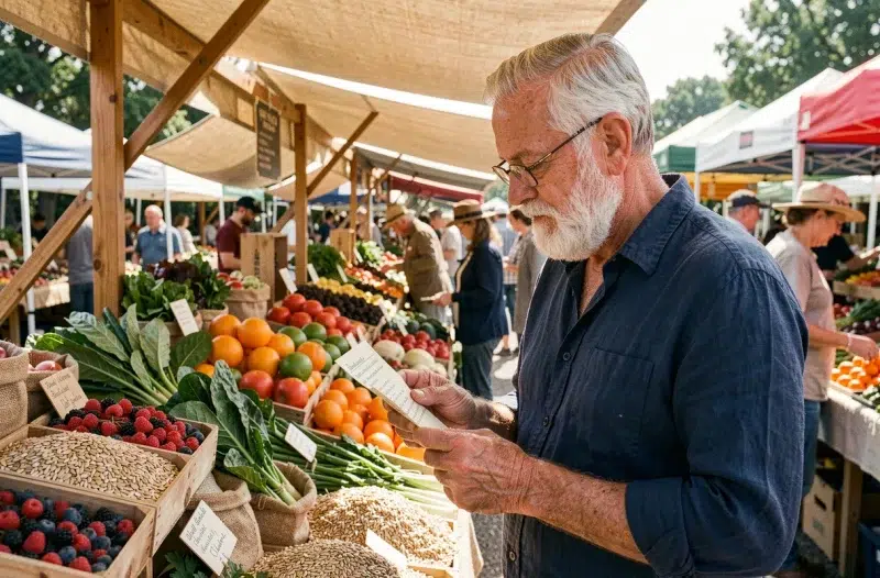 Homme senior au marché fermier examinant des produits frais et variés pour améliorer son alimentation après 60 ans