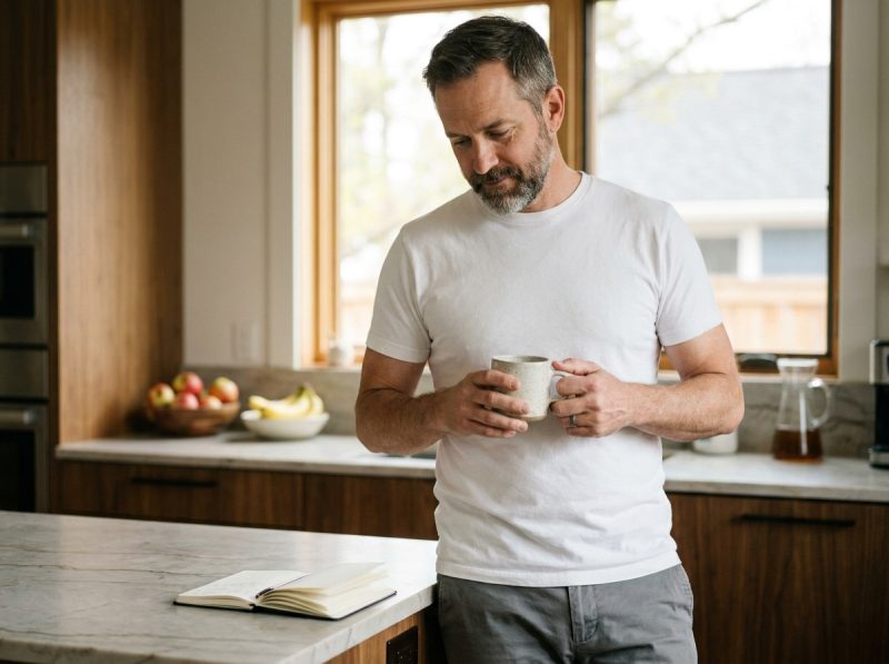 Homme dans une cuisine tenant une tasse de tisane et consultant un carnet, en lien avec la gestion naturelle des douleurs abdominales