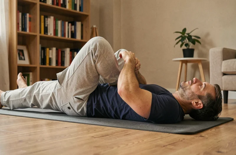 Homme pratiquant une posture de yoga allongée pour soulager les ballonnements et améliorer le transit intestinal dans un salon lumineux