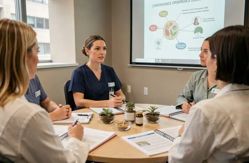 Infirmière spécialisée participant à un atelier de formation continue en naturopathie et santé naturelle en groupe