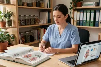 Infirmière spécialisée en santé naturelle suivant une formation continue à domicile, entourée de livres de phytothérapie et de notes manuscrites
