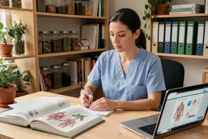 Infirmière spécialisée en santé naturelle suivant une formation continue à domicile, entourée de livres de phytothérapie et de notes manuscrites