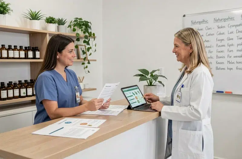Deux infirmières en formation continue échangeant sur les pratiques de santé naturelle dans une clinique de médecine douce