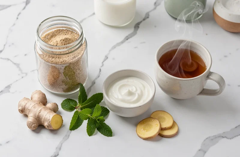 Ingrédients naturels pour la santé digestive disposés sur marbre blanc, incluant psyllium, gingembre, menthe et tisane pour réduire les ballonnements