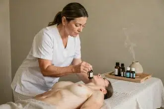 Kinésithérapeute appliquant des huiles essentielles sur le dos d'un patient lors d'une séance de massage aromathérapeutique en cabinet