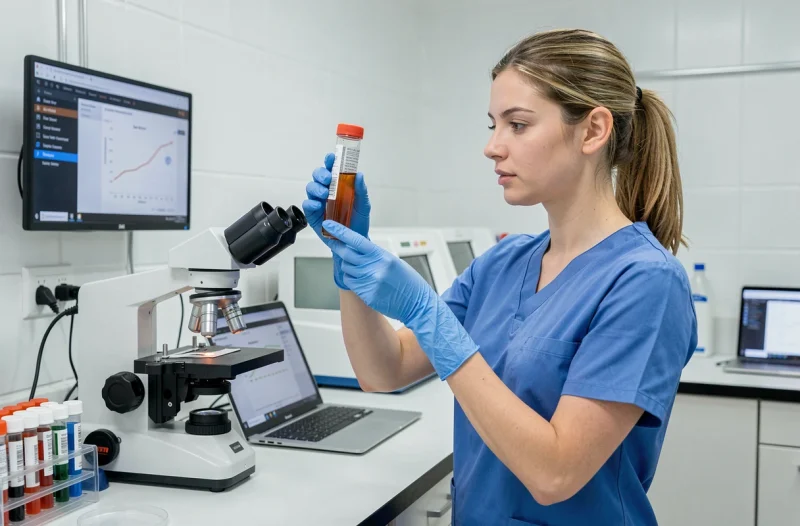 Technicienne de laboratoire analysant un échantillon d'urine au microscope pour détecter des cellules épithéliales