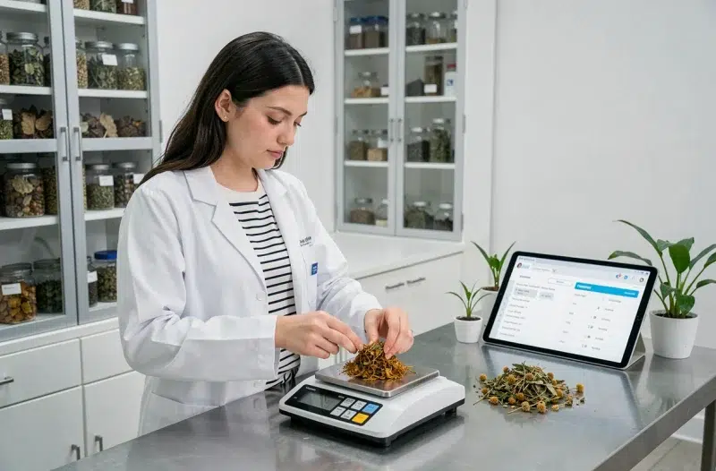 Jeune herboriste mesurant des plantes médicinales sur une balance de précision dans un laboratoire de phytothérapie moderne