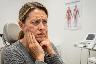 Femme tenant sa mâchoire bloquée dans un cabinet dentaire moderne, illustrant la douleur et la tension articulaire temporo-mandibulaire