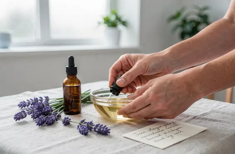 Gros plan sur les mains d'un kinésithérapeute mélangeant des huiles essentielles dans un bol en verre sur une table de massage