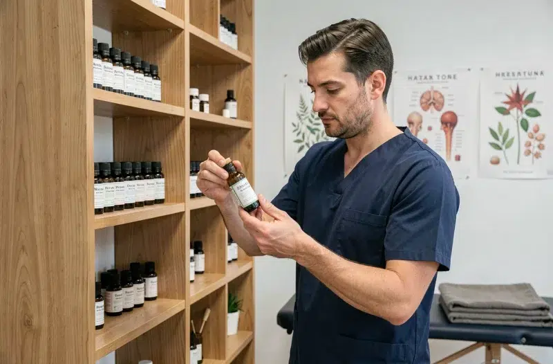 Masseur-kinésithérapeute sélectionnant une huile essentielle sur une étagère professionnelle dans son cabinet de soins
