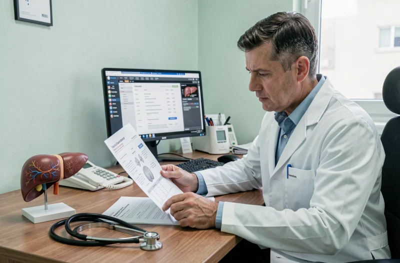 Médecin généraliste examinant des résultats d'analyses hépatiques liés aux risques des protéines en poudre