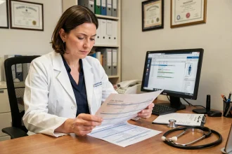 Médecin généraliste analysant des résultats d'analyse urinaire avec cellules épithéliales rares dans son cabinet médical