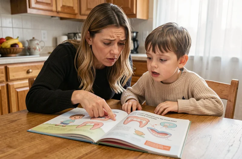 Une mère et son fils consultant un livre sur la santé dentaire des enfants à la maison