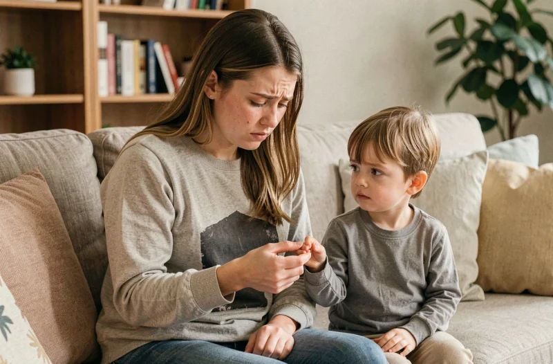 Mère inquiète inspectant l'ongle de son enfant à la maison, cherchant à identifier une tache noire
