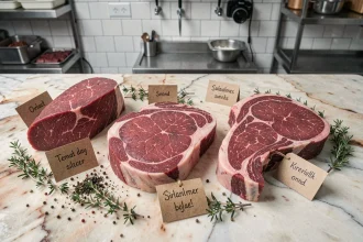 Sélection de morceaux de viande rouge maigre crus sur un comptoir de boucher en marbre, avec filet, tende de tranche et rumsteck étiquetés