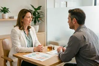 Naturopathe femme en consultation bien-être avec un employé en entreprise autour d'une table en bois avec des plantes médicinales