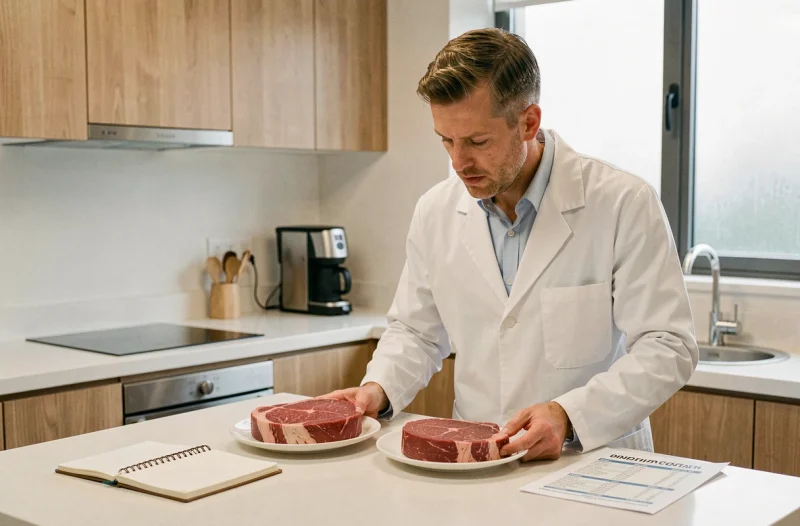 Nutritionniste analysant deux morceaux de viande rouge maigre cuite sur des assiettes avec des données nutritionnelles dans une cuisine professionnelle