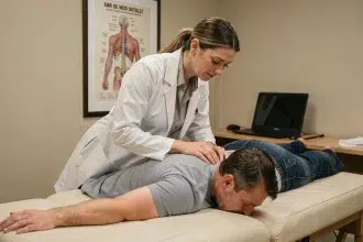 Ostéopathe effectuant une manipulation vertébrale sur un patient allongé dans un cabinet de consultation moderne