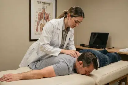 Ostéopathe effectuant une manipulation vertébrale sur un patient allongé dans un cabinet de consultation moderne
